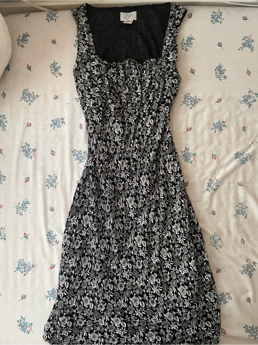 LOFT Black and White Floral Midi Dress